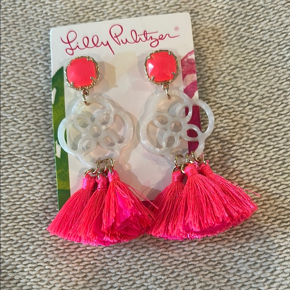 Lilly Pulitzer Neon Pink and White Tassel Earrings